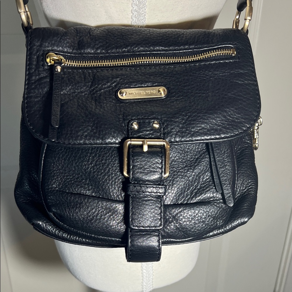 MICHAEL Michael Kors Black Pebbled Leather Crossbody with Gold Hardware